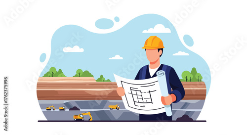 Flat vector of engineer holding mining blueprint at open-pit site, industry planning and project management theme