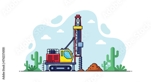 Flat vector of drilling rig exploring mineral deposits in desert landscape, resource extraction and geology concept
