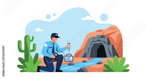 Flat vector of environmental officer testing water near mining site, eco-friendly monitoring and sustainability concept