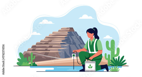 Flat vector of environmental officer testing water near mining site, eco-friendly monitoring and sustainability concept
