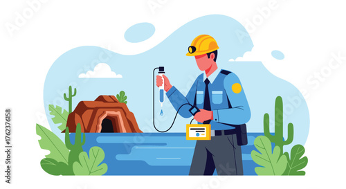 Flat vector of environmental officer testing water near mining site, eco-friendly monitoring and sustainability concept