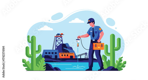 Flat vector of environmental officer testing water near mining site, eco-friendly monitoring and sustainability concept