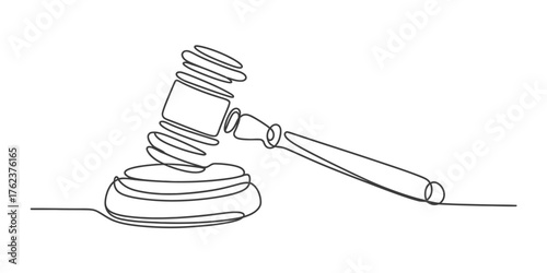Artistic continuous line drawing of a judge's gavel symbolizing justice and legal proceedings in a minimalist style vector