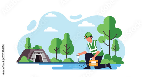 Flat vector of environmental officer testing water near mining site, eco-friendly monitoring and sustainability concept