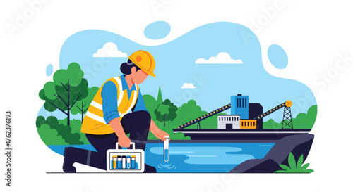 Flat vector of environmental officer testing water near mining site, eco-friendly monitoring and sustainability concept
