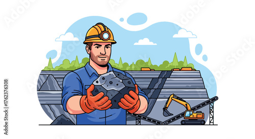 Flat vector portrait of coal miner holding mineral ore with pride, symbolizing strength, courage, and dedication