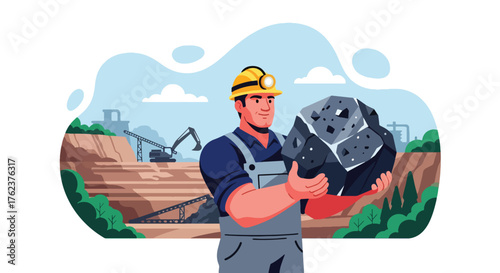 Flat vector portrait of coal miner holding mineral ore with pride, symbolizing strength, courage, and dedication
