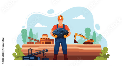 Flat vector portrait of coal miner holding mineral ore with pride, symbolizing strength, courage, and dedication