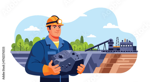 Flat vector portrait of coal miner holding mineral ore with pride, symbolizing strength, courage, and dedication