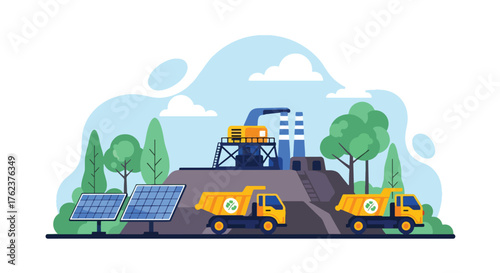 Flat vector of sustainable mining site powered by solar panels and electric trucks, eco-friendly green energy industry