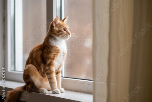 Wallpaper Mural Ginger Tabby Cat on Windowsill Looking Out, Natural Light, Copy Space Torontodigital.ca