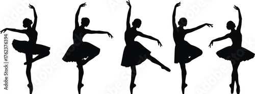Ballet dancer silhouette, tutu pose, classical movement, black figure illustration, graceful posture, dance icon, elegant style, performance vector, artistry