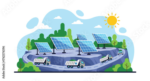 Flat vector of sustainable mining site powered by solar panels and electric trucks, eco-friendly green energy industry
