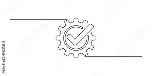 Minimalist continuous one line drawing of a cogwheel with a checkmark symbol representing approval and efficiency vector
