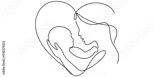 Minimalist continuous one line drawing of a mother holding her baby forming a heart shape vector