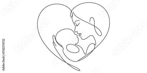 Continuous line art drawing of a mother holding her baby within a heart shape conveying love and connection vector