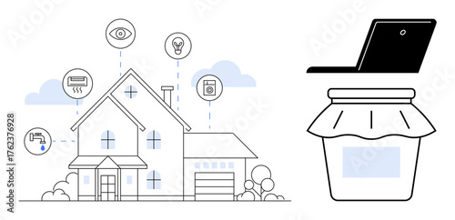 Modern house visual with interconnected smart devices, laptop for control, and jar symbolizing homemade sustainability. Ideal for innovation, IoT, technology, efficiency, eco-consciousness, security