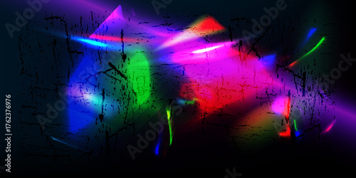 film filter Vibrant neon prism overlay on a dark, cracked grunge background. Abstract light leak effect with cinematic, futuristic colors.