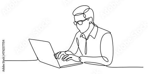 Continuous one line drawing of a person wearing glasses working on a laptop vector