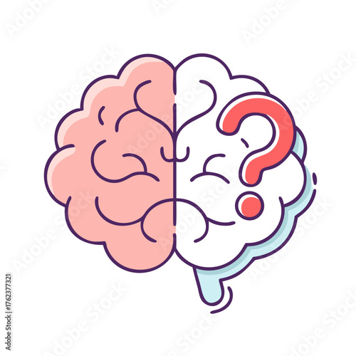 Human brain with question mark symbolizes uncertainty and problem solving approach