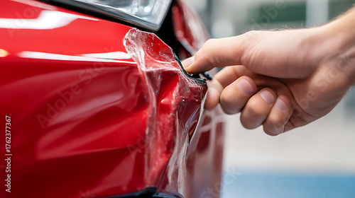Close-up view showcases damage to the side of a red vehicle. A hand is seen inspecting the extent of the dent and peeled paint, possibly assessing repair needs. Car body repair concept.