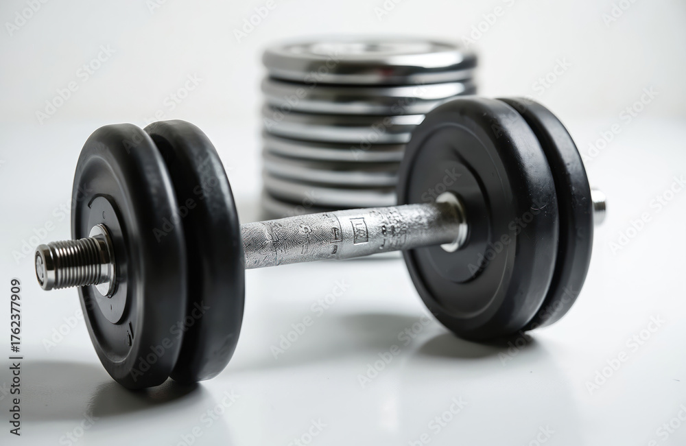 Naklejka premium Dumbbell weights with barbell plates stacked. Metal iron equipment for strength training. Build muscle power, tone body, lose weight in gym. Get fit.