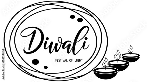 Circular Composition

A minimalist Diwali design with “HAPPY DIWALI” curved around the top half of a circle and “Festival of Light” in cursive along the bottom. Inside the circle, seven simple black d