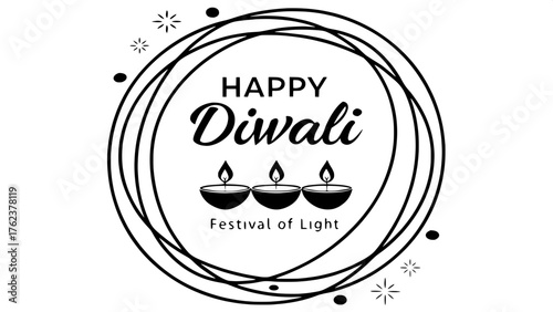 Circular Composition

A minimalist Diwali design with “HAPPY DIWALI” curved around the top half of a circle and “Festival of Light” in cursive along the bottom. Inside the circle, seven simple black d