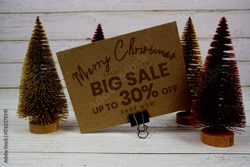 Festive display with small decorative Christmas trees with "Special Offer Merry Christmas Big Sale up to 30% off, Promotion Holiday Sale Event