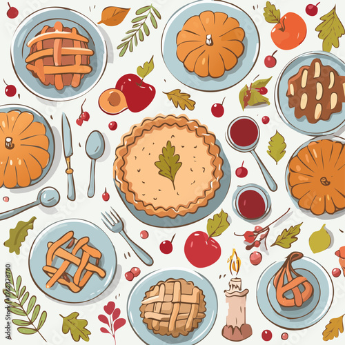 Autumn Pie and Pumpkin Dessert Pattern — Cozy Thanksgiving Table Vector Illustration