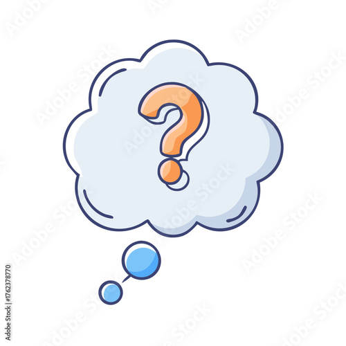 A cartoonish thought bubble with an orange question mark, symbolizing inquiry