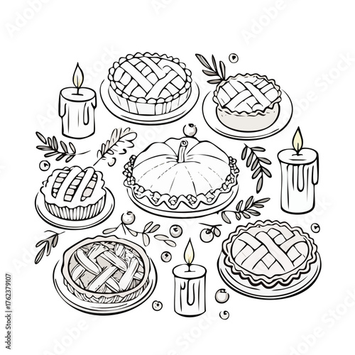 Thanksgiving Pie and Pumpkin Outline Set — Autumn Dessert and Harvest Vector
