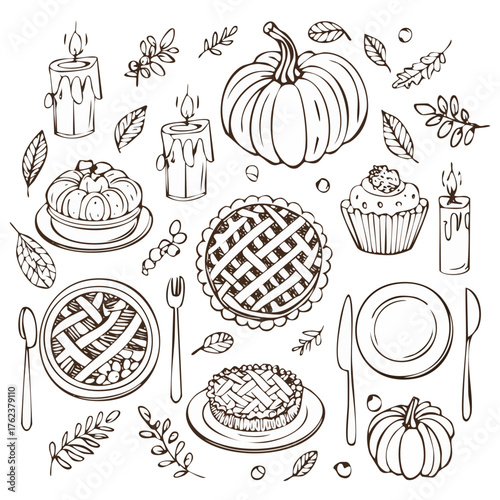 Thanksgiving Pie and Pumpkin Outline Set — Autumn Dessert and Harvest Vector