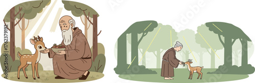 Serene forest scene with an elder figure interacting with a deer bathed in dappled sunlight and surrounded by trees
