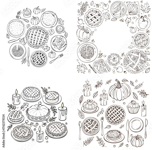 Thanksgiving Pie and Pumpkin Outline Set — Autumn Dessert and Harvest Vector Collection