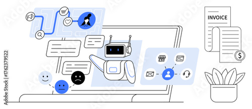 Robot assisting in business communication, customer support, chat analysis, workload automation, and invoice management. Ideal for AI tools, business support, workflow optimization, technological