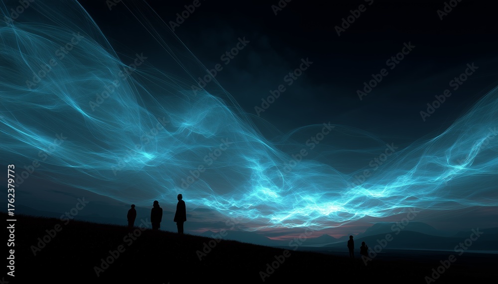 Fototapeta premium Silhouettes admire mesmerizing blue light waves in a nighttime landscape, creating a mystical and serene atmosphere.