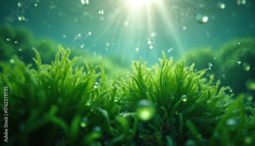 Green spirulina algae in water with sun rays, dew drops. Freshwater plant growth in aquatic environment. Healthy nutrition source in natural setting. Algae farm natural pond with vibrant green