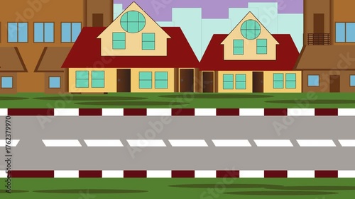 Colorful houses on the street, 2D street animation, featuring a seamless loop of houses, and a sky of a blue-purple color. Ideal for game scenes, motion backgrounds, and animation projects.