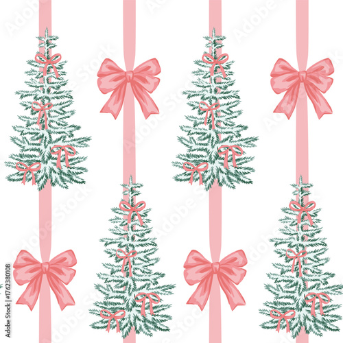 Christmas tree and bow seamless pattern pink ribbon. Merry Christmas, New Year wallpaper.	