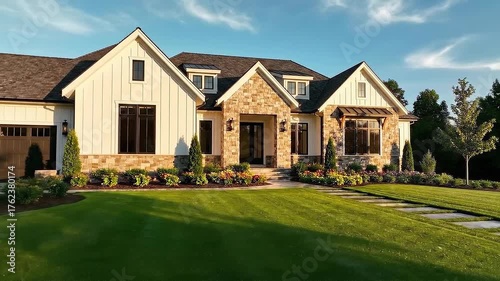 Establishing shot of a luxurious modern farmhouse-style residence with white board and batten siding