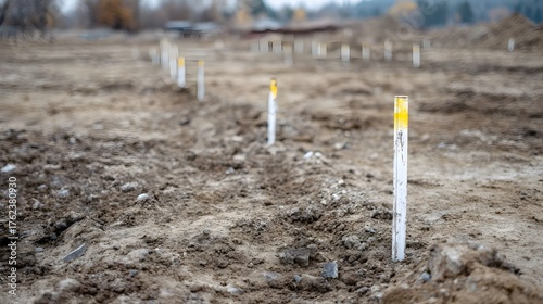 Survey markers and white stakes with yellow tips are placed in a rough dirt field outlining the future building footprint for a construction project