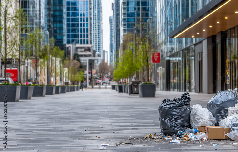 Obraz premium Urban street with garbage bags in a modern city environment
