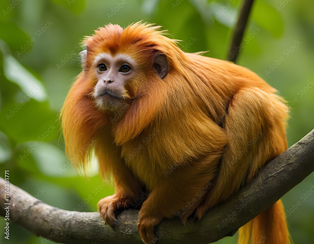 Fototapeta premium Rare Golden Lion Tamarin on Tree Branch, golden lion tamarin