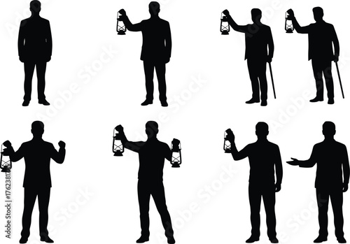 Businessman with lantern, guidance silhouette, illumination concept, leadership symbol, discovery design, vision figure, success metaphor, opportunity, ambition, direction