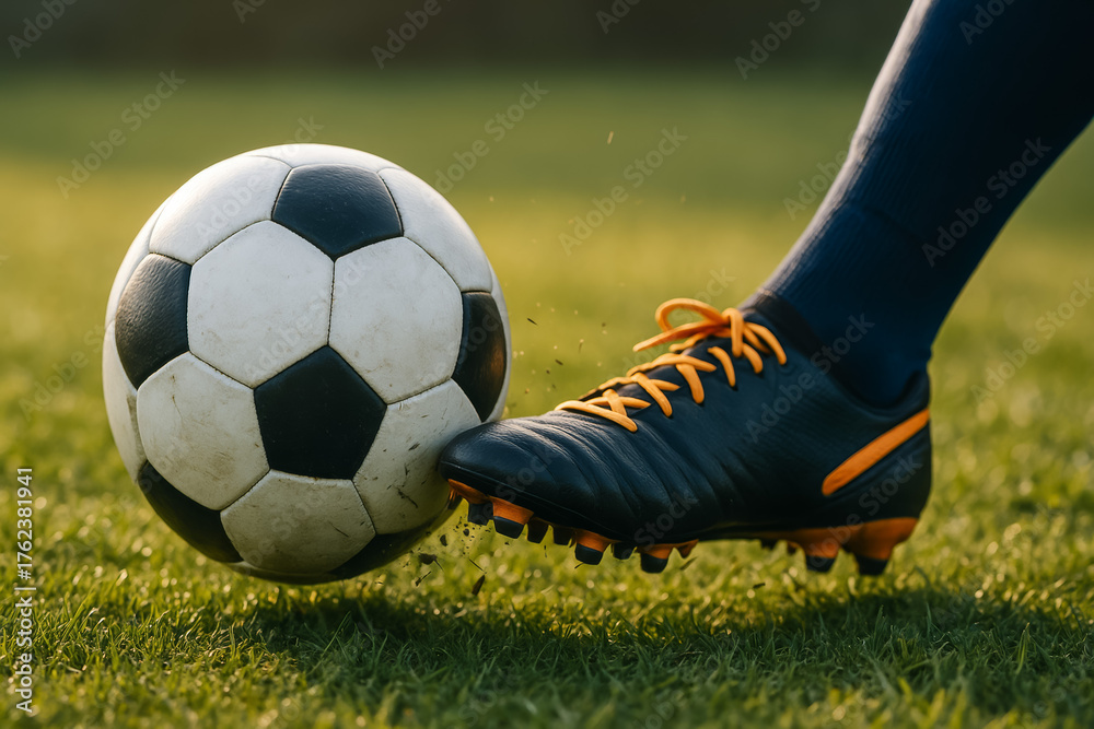 Fototapeta premium Close-up of soccer ball being kicked on green field