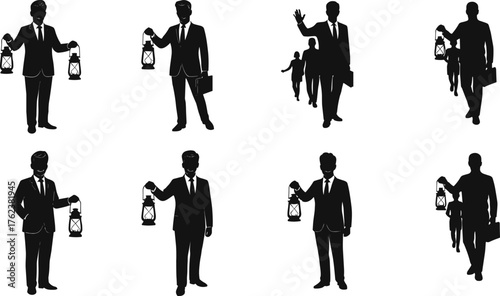 Businessman with lantern, guidance silhouette, illumination concept, leadership symbol, discovery design, vision figure, success metaphor, opportunity, ambition, direction