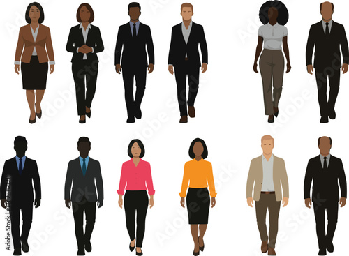 Businesspeople walking silhouettes, teamwork concept, diversity illustration, corporate success design, leadership symbol, career growth, ambition posture, unity, professionalism, achievement