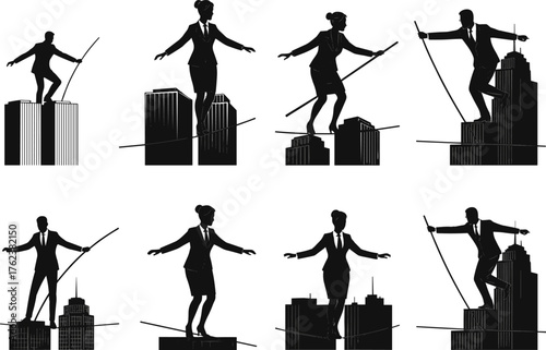 Businesspeople walking tightrope, risk management concept, corporate challenge illustration, balance symbol, career growth, leadership posture, success metaphor, urban skyline, ambition