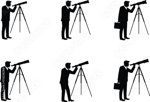 Businesspeople with telescope, observation silhouettes, vision concept, foresight illustration, discovery design, business strategy symbol, exploration posture, leadership, planning, opportunity